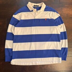 Polo Ralph Lauren Shirt Men sz XL Blue White Rugby Elbow Pads Embroidery Pony